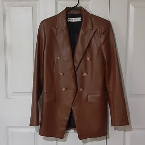 Zara Caramel Brown Faux Leather Double-Breasted Women's Jacket Size Xs